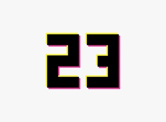 Obraz premium Number 23 vector desing logo. Dynamic, split-color, shadow of number pink and yellow on white background. For social media,design elements, creative poster, anniversary celebration, greeting and web