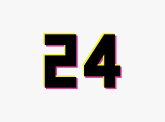 Obraz premium Number 24 vector desing logo. Dynamic, split-color, shadow of number pink and yellow on white background. For social media,design elements, creative poster, anniversary celebration, greeting and web