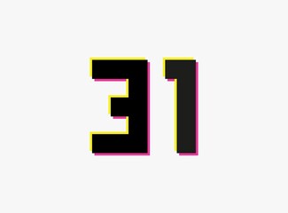 Obraz premium Number 31 vector desing logo. Dynamic, split-color, shadow of number pink and yellow on white background. For social media,design elements, creative poster, anniversary celebration, greeting and web