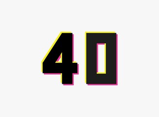 Number 40 vector desing logo. Dynamic, split-color, shadow of  number pink and yellow on white background. For social media,design elements, creative poster, anniversary celebration, greeting and web