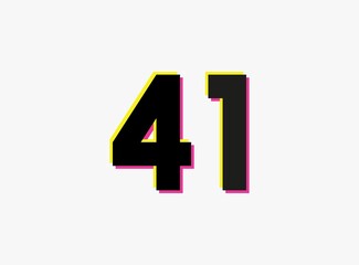 Number 41 vector desing logo. Dynamic, split-color, shadow of  number pink and yellow on white background. For social media,design elements, creative poster, anniversary celebration, greeting and web