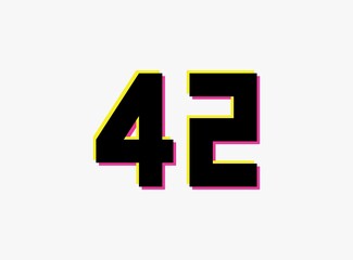 Number 42 vector desing logo. Dynamic, split-color, shadow of  number pink and yellow on white background. For social media,design elements, creative poster, anniversary celebration, greeting and web