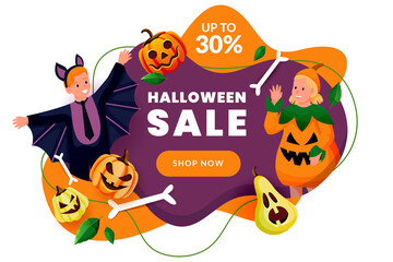 Halloween poster discount sale banner design. Kids in costumes of pumpkin and bat celebrate holiday. Vector illustration