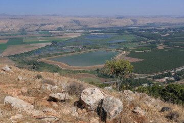 View of Hula Valley and Golan Heights from Keren Nafyali (Naftali Horn) lookout, one of the most spectacular observation points in Israel, Upper Galilee, Northern Israel.