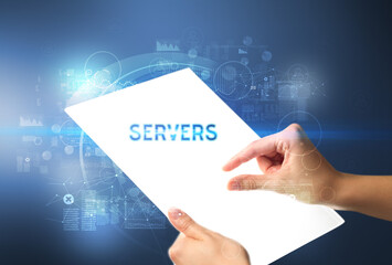 Hand holdig futuristic tablet with SERVERS inscription, new technology concept