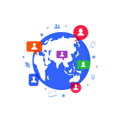 earth and person icon inside colorful bubble, chat, map, communication