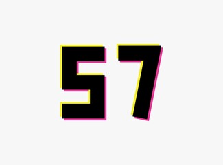 Obraz premium Number 57 vector desing logo. Dynamic, split-color, shadow of number pink and yellow on white background. For social media,design elements, creative poster, anniversary celebration, greeting and web