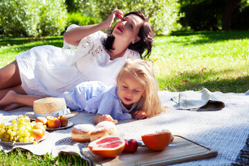 young pretty pregnant brunette woman having fun with her daughter on picnic on green grass in park, lifestyle people concept