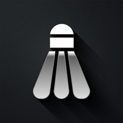 Silver Badminton shuttlecock icon isolated on black background. Sport equipment. Long shadow style. Vector Illustration.