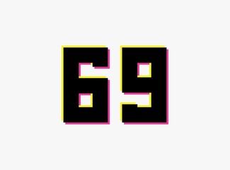 Obraz premium Number 69 vector desing logo. Dynamic, split-color, shadow of number pink and yellow on white background. For social media,design elements, creative poster, anniversary celebration, greeting and web