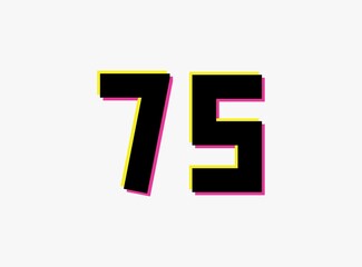 Number 75 vector desing logo. Dynamic, split-color, shadow of  number pink and yellow on white background. For social media,design elements, creative poster, anniversary celebration, greeting etc.