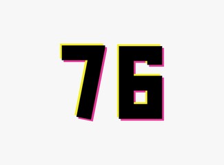 Number 76 vector desing logo. Dynamic, split-color, shadow of  number pink and yellow on white background. For social media,design elements, creative poster, anniversary celebration, greeting etc.