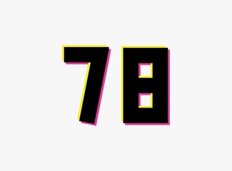 Number 78 vector desing logo. Dynamic, split-color, shadow of  number pink and yellow on white background. For social media,design elements, creative poster, anniversary celebration, greeting etc.