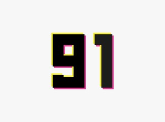Number 91 vector desing logo. Dynamic, split-color, shadow of  number pink and yellow on white background. For social media,design elements, creative poster, anniversary celebration, greeting etc.
