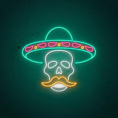 Skull neon sign. Glowing neon design for Day of the Dead (Dia de Muertos). Skull in sombrero. Vector illustration. - 378966965