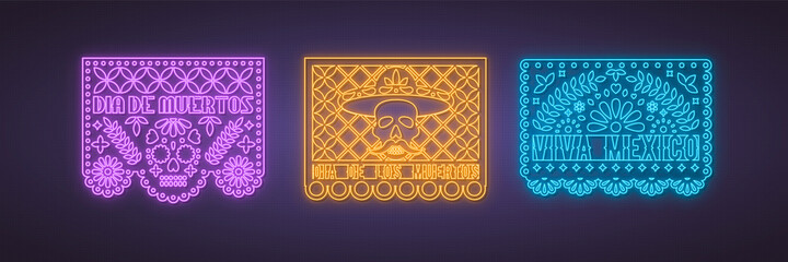 Colorful papel picado collection in neon style. Vector design template for Dia de los Muertos (Day of the dead). Mexican traditional decorations. - 378966988