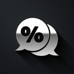 Silver Discount percent tag icon isolated on black background. Shopping tag sign. Special offer sign. Discount coupons symbol. Long shadow style. Vector Illustration.