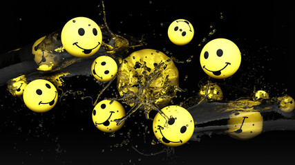 Emojis icons with facial expressions smile yellow face ball with water splash. Social media concept. black background 3d rendering