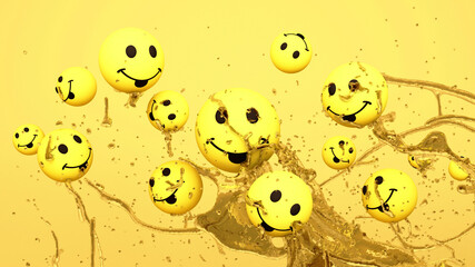 Emojis icons with facial expressions smile yellow face ball with water splash. Social media concept. Yellow background 3d rendering