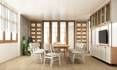 Dining area in modern contemporary style interior design with wooden window frame and sheer with grey furniture tone 3d rendering