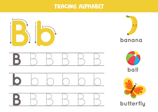 Tracing alphabet letter B with cute cartoon pictures.