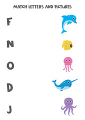 Matching game for kids. Find sea animals and letters they start with.