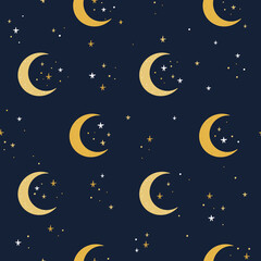 Night sky seamless pattern. Moon and stars vector background. Hand drawn moons on starry sky digital paper