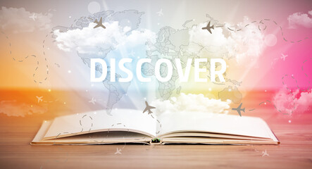 Open book with DISCOVER inscription, vacation concept