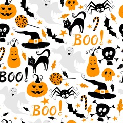 Seamless vector pattern for Halloween design. Halloween symbols: black cat, hat, pumpkin, spider, skull, boo lettering, ghost, candy in cartoon style. Vector Illustration