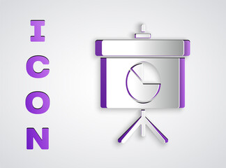 Paper cut Presentation board with graph, schedule, chart, diagram, infographic, pie graph icon isolated on grey background. Paper art style. Vector Illustration.