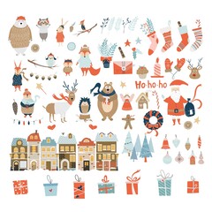 Big winter, christmas and new year set with decorative design elements, santa, presents, animals in knit wear and town houses in a snow. Vector illustration in cute cartoon style