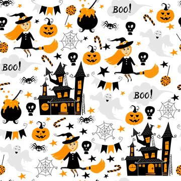 Seamless vector pattern for Halloween design. Halloween symbols: cute witch character on a broom, castle, spider, skull, candy, pumpkin, pot, boo lettering in cartoon style. Vector Illustration