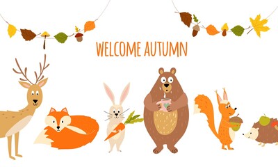 Welcome autumn greeting card with cute cartoon forest animals fox, hedgehog, dear, bear, squirrel, rabbit and garland with leaves and mushrooms. Vector illustration template