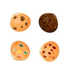 Collection of different oat cookies with chocolate chip, smarties, berries from a top view. Vector illustration. Clip art