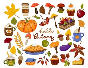 Autumn set with autumn elements vegetables, pumpkin, leaves, berries, mushrooms, pastry, beverages with whipped cream, pie,cupcakes. Vector illustration with lettering for cards and other