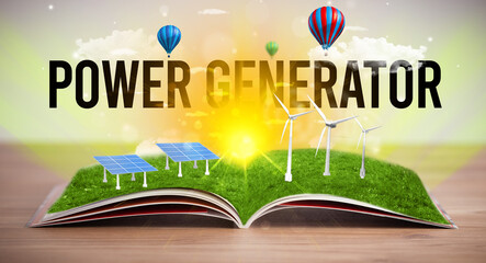 Open book with POWER GENERATOR inscription, renewable energy concept
