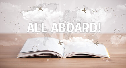 Open book with ALL ABOARD! inscription, vacation concept