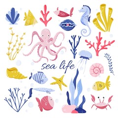Cute colorful cartoon sea animals, creatures, crab, fishes, jellyfish, starfish, plants, shells, seahorse, octopus. Vector marine elements for children design