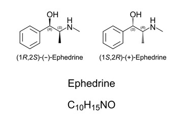 Ephedrine, chemical structure. Medication and stimulant to prevent low blood pressure and to treat obesity and asthma. Used illegally as doping agent and to produce crystal meth. Illustration. Vector.