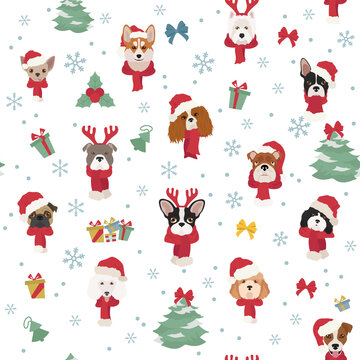 Dog portraits in Santa hats and scarves. Christmas holiday seamless pattern