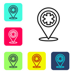 Black line Medical map pointer with cross hospital icon isolated on white background. Set icons in color square buttons. Vector Illustration.
