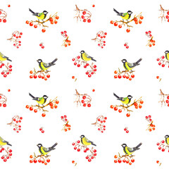 Watercolor colorful christmas pattern with forest birds, red  berries. White background.