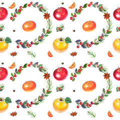 Watercolor colorful christmas pattern with fruits and branches tree. White background.