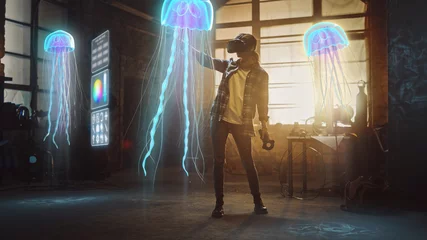 Foto op Plexiglas Female Artist Wearing Augmented Reality Headset Working on Abstract 3D Jellyfish Sculpture with Joysticks, Uses Gestures To Create High-Tech Internet Multimedia Concept Art.3D Animation Special Effect © Gorodenkoff
