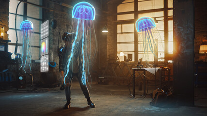 Female Artist Wearing Augmented Reality Headset Working on Abstract 3D Jellyfish Sculpture with Joysticks, Uses Gestures To Create High-Tech Internet Multimedia Concept Art.3D Animation Special Effect