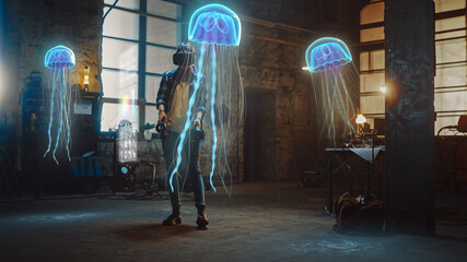 Female Artist Wearing Augmented Reality Headset Working on Abstract 3D Jellyfish Sculpture with...