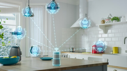 Internet of Things Concept: Modern Kitchen full of High-Tech Kitchen Appliances with IOT,...