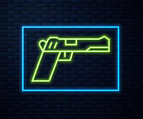 Glowing neon line Pistol or gun icon isolated on brick wall background. Police or military handgun. Small firearm. Vector Illustration.