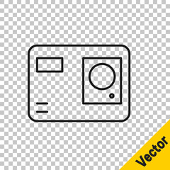 Black line Action extreme camera icon isolated on transparent background. Video camera equipment for filming extreme sports. Vector Illustration.