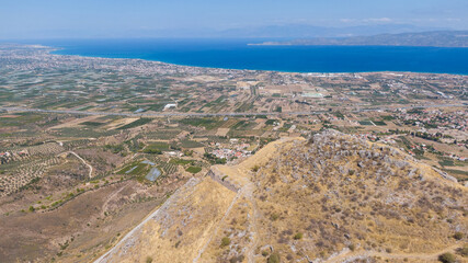 Fototapeta na wymiar Aerial view on Acrocorinth, hill near Corinth and Gulf of Corinth, Peloponnese, Greece 